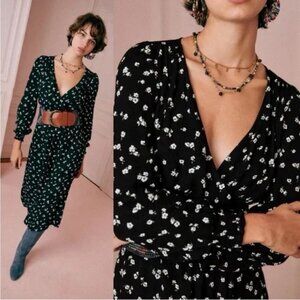 Sezane Abele Dress in Two Toned Jacquard 70s Floral Black FR34